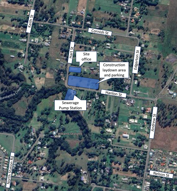 Works will take place at the Hanlon Street Pump Station 62 Hanlon Street Bundamba within the boundary of the pump station.   A site compound will be located on the corner of Hart and Hanlon Street with access via Hart Street.