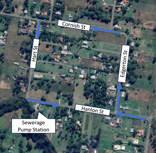 Expect increased vehicle movements along Andrew, Nelson, Edgerton, Cornish, Hart and Hanlon Streets. Blue arrows show the one way traffic flow entering Edgerton Cornish Hart Sts.